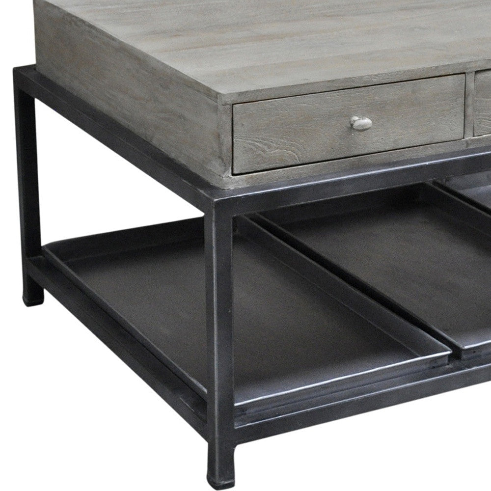 50" Gray and Black Solid Wood And Metal Distressed Floor Shelf Coffee Table With Six Drawers And Shelf